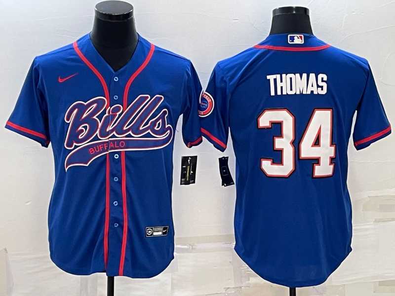 Men%27s Buffalo Bills #34 Thurman Thomas Blue With Patch Cool Base Stitched Baseball Jersey->buffalo bills->NFL Jersey